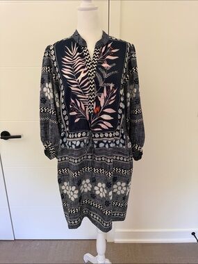 Diane Von Furstenberg Navy Floral Print Long Sleeve Tunic Dress with Pink Accent